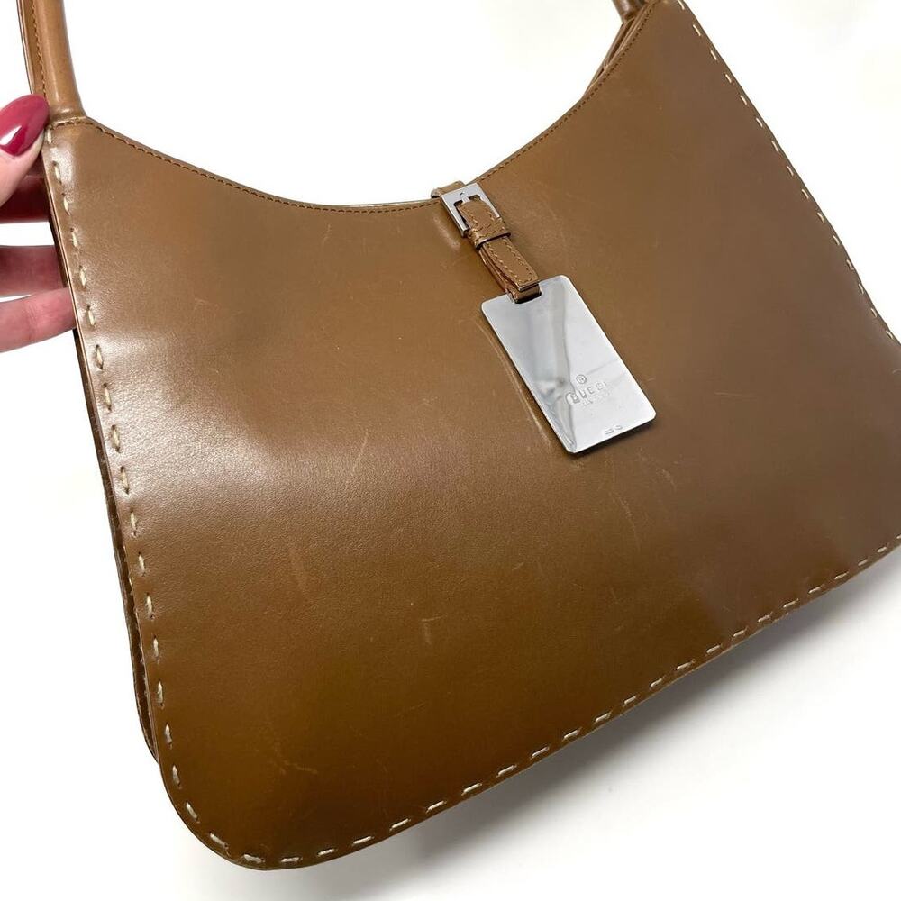 Gucci Vintage Brown Leather Topstitch Shoulder Hobo Bag Purse - Picture 5 of 16